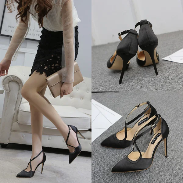Chic / Beautiful Black Street Wear Satin Womens Sandals 2020 X-Strap 10 cm Stiletto Heels Pointed Toe Sandals