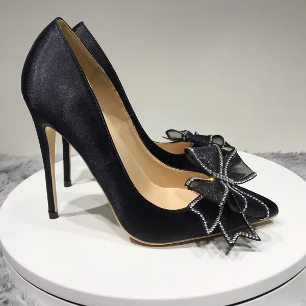 Chic / Beautiful Black Prom Pumps 2020 Satin Rhinestone Bow 12 cm Stiletto Heels Pointed Toe Pumps