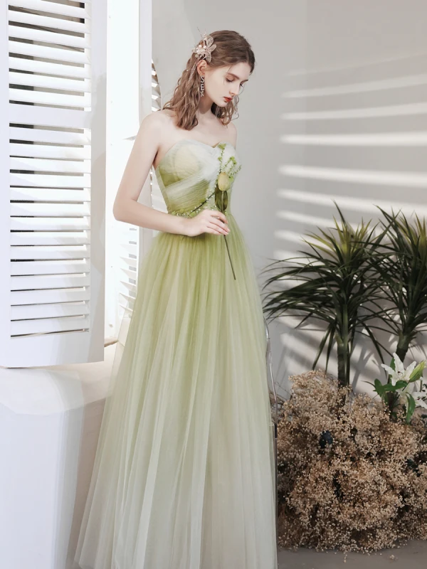 Chic / Beautiful Green Prom Dresses 2021 A-Line / Princess Strapless Beading Sequins Appliques Sleeveless Backless Floor-Length / Long Prom Formal Dresses