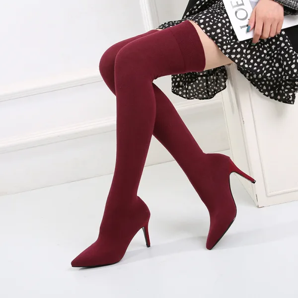 Fashion Burgundy Street Wear Over The Knee / Thigh High Womens Boots 2020 8 cm Stiletto Heels Pointed Toe Boots