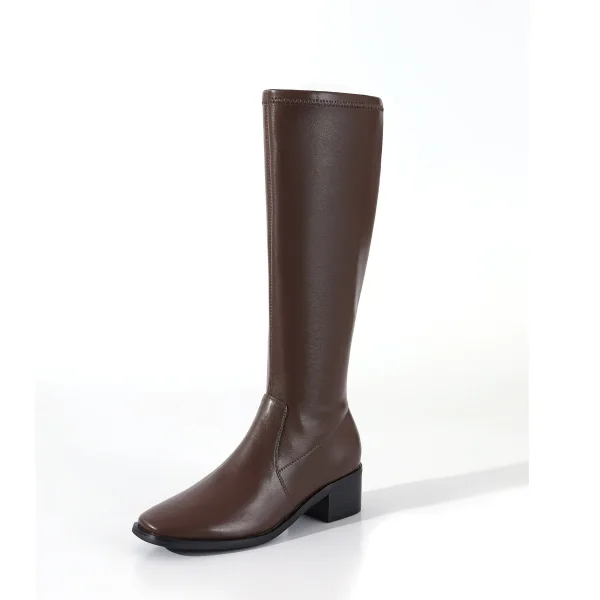 Chic / Belle Marron Vêtement de rue Talon Bas Bottes Femme 2020 Cuir 4 cm Talons Épais Pied Carré Bottes