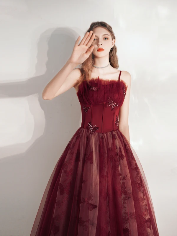 Chic / Beautiful Burgundy Prom Dresses Evening Dresses  2021 A-Line / Princess Spaghetti Straps Lace Butterfly Sequins Sleeveless Backless Floor-Length / Long Evening Party Formal Dresses