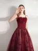Piękne Burgund Sukienki Na Bal Sukienki Wieczorowe 2021 Princessa Spaghetti Pasy Z Koronki Motyl Cekiny Bez Rękawów Bez Pleców Długie Wieczorowe Sukienki Wizytowe