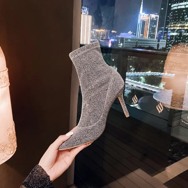 Uroczy Moda Srebrny Przypadkowy Cekiny Botki Buty Damskie 2020 8 cm Szpilki Szpiczaste Boots