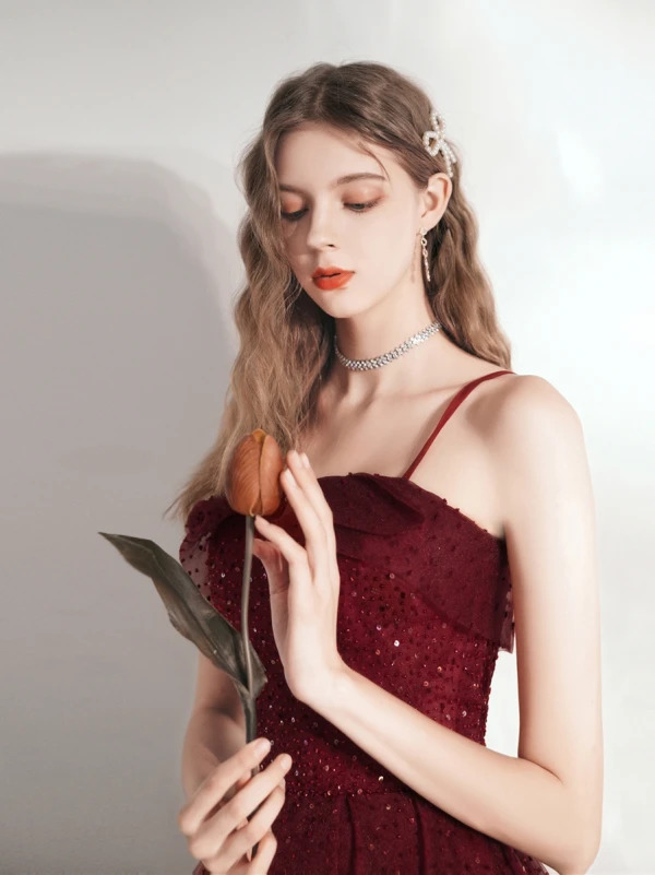 Chic / Beautiful Burgundy Homecoming Prom Dresses Evening Dresses  Graduation Dresses 2021 A-Line / Princess Spaghetti Straps Beading Crystal Sequins Sleeveless Backless Floor-Length / Long Formal Dresses