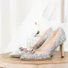 Sparkly Silver Wedding Shoes 2018 Leather Sequins Bow 8 cm Stiletto Heels Pointed Toe Wedding Pumps
