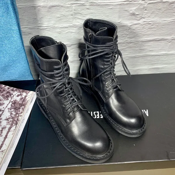 Fashion Fall Black Street Wear Leather Ankle Womens Boots 2020 Round Toe Flat Boots