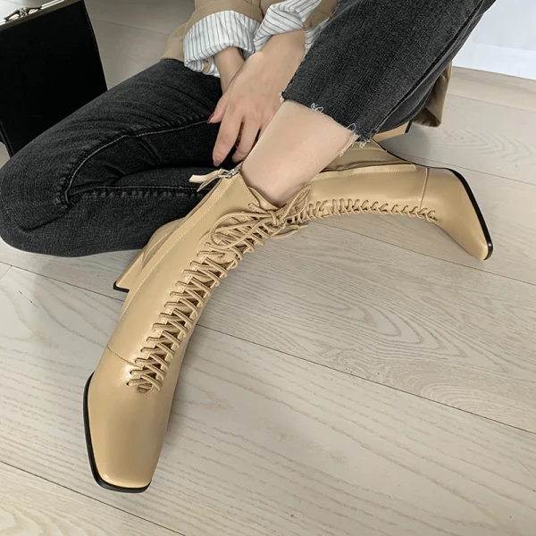 Schlicht Winter Beige Strassenmode Ankle Boots Stiefel Damen 2020 Leder 8 cm Thick Heels Quadratische Zehe Stiefel