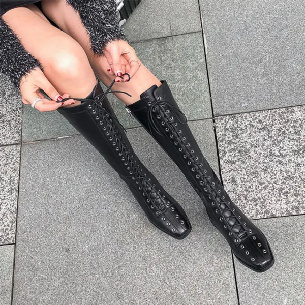 Schlicht Herbst Schwarz Strassenmode Kniehohe Stiefel Damen 2020 Leder 4 cm Thick Heels Low Heel Quadratische Zehe Stiefel