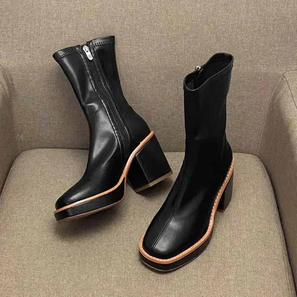 Schlicht Winter Schwarz Strassenmode Stiefel Damen 2020 Leder 8 cm Thick Heels Quadratische Zehe Stiefel