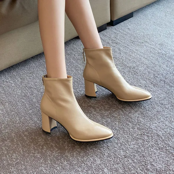 Enkel Høst Aprikos Casual Ankel Kvinners støvler 2020 Lær 7 cm Tykk Hæler Spisse Boots