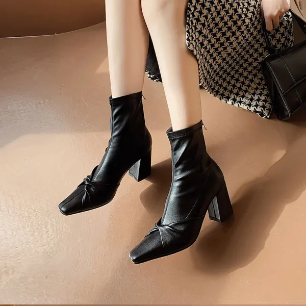Enkel Høst Hvit Casual Ankel Kvinners støvler 2020 Lær 7 cm Tykk Hæler Firkantetå Boots