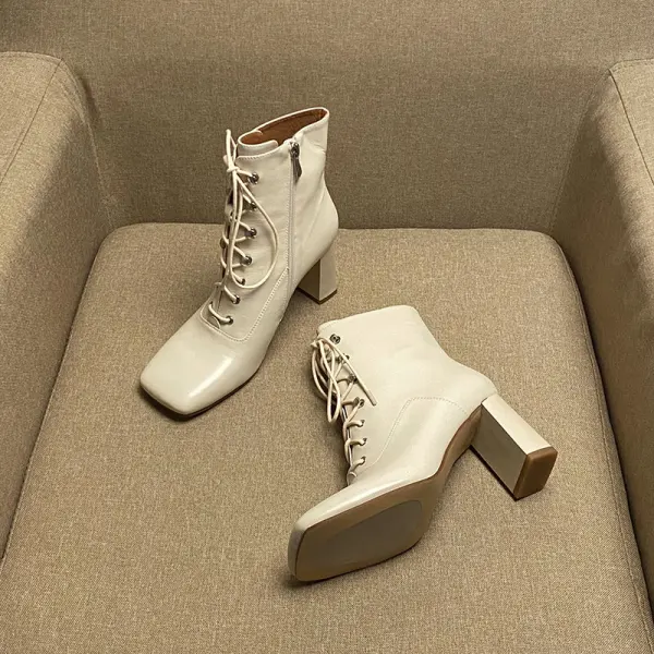 Enkel Høst Aprikos Casual Ankel Kvinners støvler 2020 Lær 7 cm Tykk Hæler Firkantetå Boots