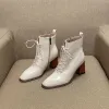 Mode Herbst Beige Strassenmode Ankle Boots Stiefel Damen 2020 Leder 7 cm Thick Heels Quadratische Zehe Stiefel