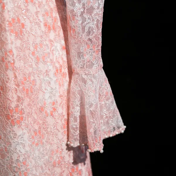 Chic / Beautiful Blushing Pink Beading Lace Flower Split Front Prom Dresses 2025 Trumpet / Mermaid Square Neckline Long Sleeve Backless Sweep Train Formal Dresses