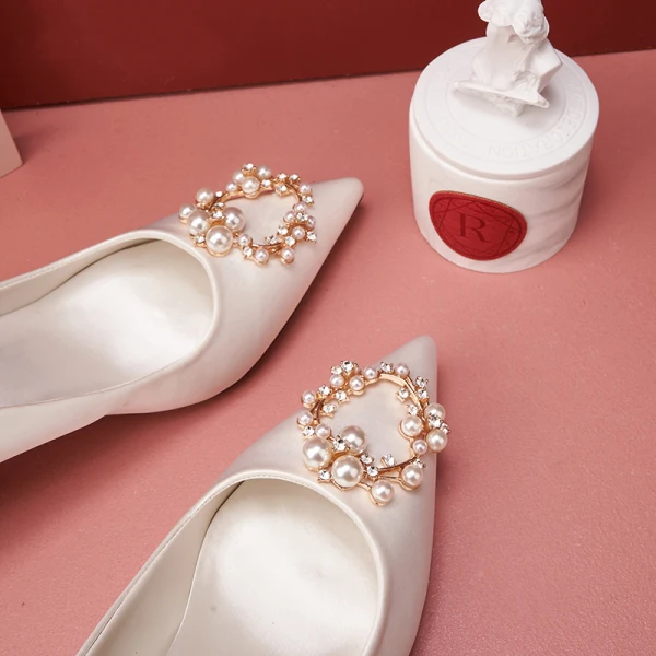 Lovely Chic / Beautiful Ivory Wedding Shoes 2020 Leather Pearl Rhinestone 5 cm Thick Heels Pointed Toe Wedding Pumps