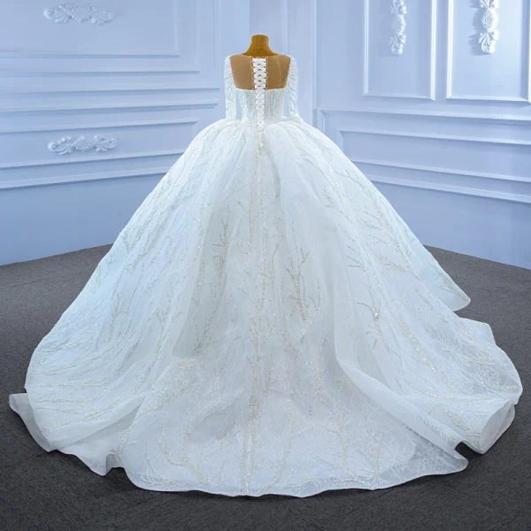 High-end Luxury / Gorgeous Ivory Beading Crystal Sequins Wedding Dresses 2021 Ball Gown Scoop Neck 3/4 Sleeve Cathedral Train Wedding