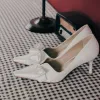 Elegant Ivory Bow Wedding Shoes 2020 Leather 7 cm Stiletto Heels Pointed Toe Wedding Pumps