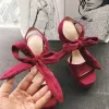 Hermoso Rosa Clara Ropa de calle Cuero Suede Sandalias De Mujer 2020 Bowknot 15 cm Talones Gruesos Peep Toe Sandalias