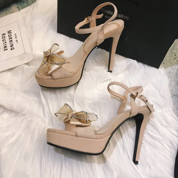 Charmant Noire Cocktail Sandales Femme 2020 Faux Diamant Noeud Cuir 12 cm Talons Aiguilles Peep Toes / Bout Ouvert Sandales