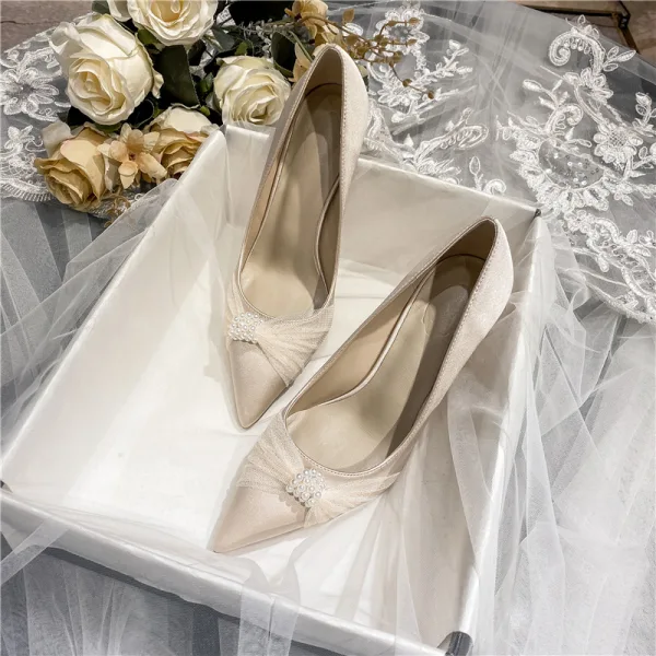 Elegant Ivory Satin Pearl Wedding Shoes 2021 8 cm Stiletto Heels Pointed Toe Wedding Pumps High Heels