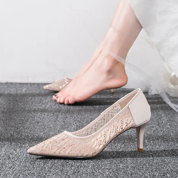 Charming Champagne Wedding Lace Pumps 2020 Rhinestone 6 cm Stiletto Heels Pointed Toe Pumps