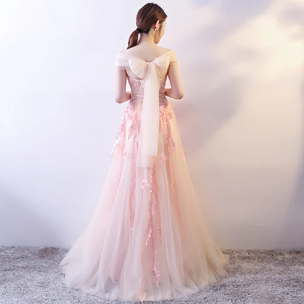 Élégant Perle Rose Robe De Soirée 2018 Princesse Appliques Perlage Paillettes V-Cou Noeud Dos Nu Sans Manches Longue Robe De Ceremonie