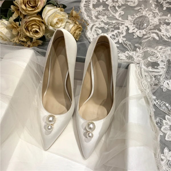 Elegant Ivory Pearl Satin Wedding Shoes 2021 8 cm Stiletto Heels Pointed Toe Wedding Pumps High Heels
