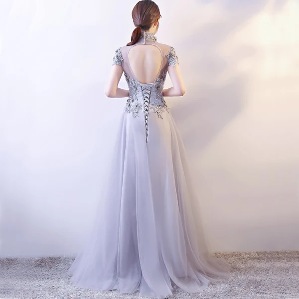 Chinese style Grey Evening Dresses  2018 A-Line / Princess Lace Appliques Crystal Pearl Sequins High Neck Backless Short Sleeve Floor-Length / Long Formal Dresses
