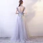 Chinese style Grey Evening Dresses  2018 A-Line / Princess Lace Appliques Crystal Pearl Sequins High Neck Backless Short Sleeve Floor-Length / Long Formal Dresses