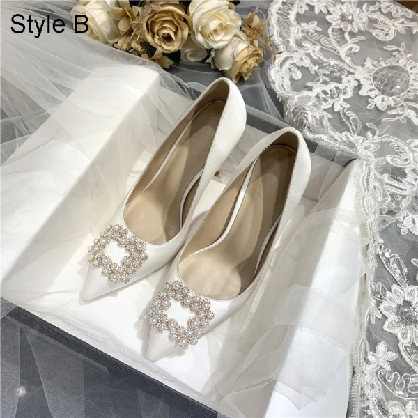 Elegant Ivory Satin Pearl Rhinestone Wedding Shoes 2021 10 cm Stiletto Heels Pointed Toe Wedding Pumps High Heels