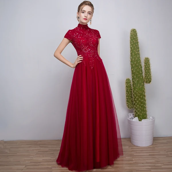 Chinese style Burgundy Evening Dresses 2018 A-Line / Princess Beading Crystal Sequins High Neck Short Sleeve Floor-Length / Long Formal Dresses