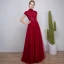Chinese style Burgundy Evening Dresses  2018 A-Line / Princess Beading Crystal Sequins High Neck Short Sleeve Floor-Length / Long Formal Dresses