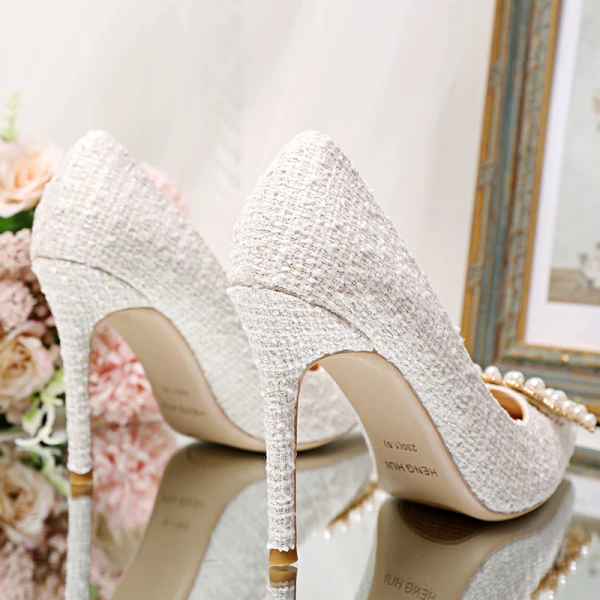 Élégant Ivoire Chaussure De Mariée 2020 Perle Faux Diamant 10 cm Talons Aiguilles À Bout Pointu Mariage Escarpins