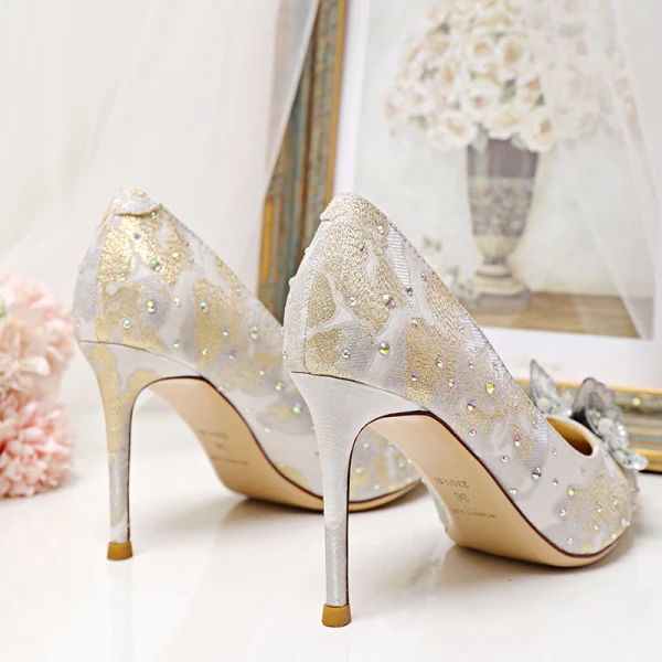 Chic / Beautiful White Satin Wedding Shoes 2020 Butterfly Embroidered Rhinestone 8 cm Stiletto Heels Pointed Toe Wedding Pumps