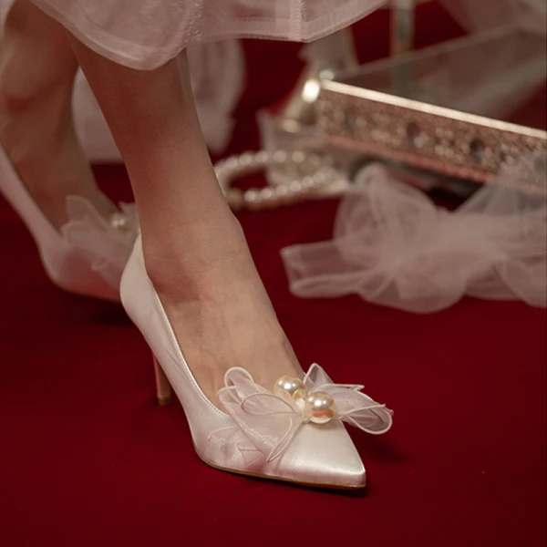 Elegant White Pearl Bow Wedding Shoes 2020 7 cm Stiletto Heels Pointed Toe Wedding Pumps