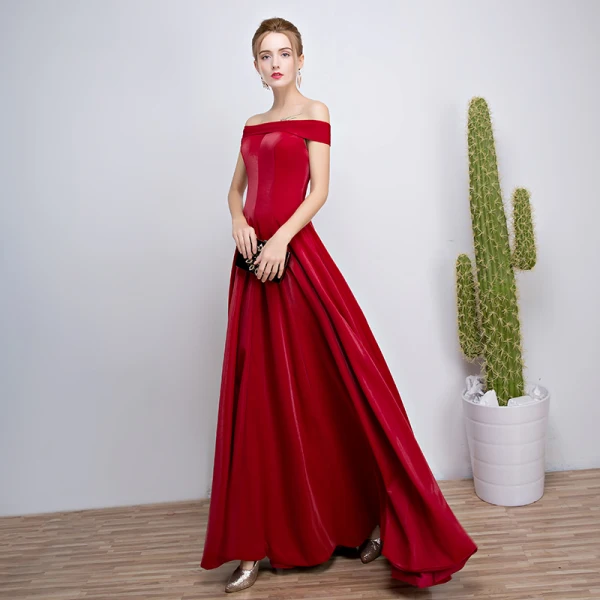 Modest / Simple Burgundy Evening Dresses 2018 A-Line / Princess Off-The-Shoulder Backless Sleeveless Floor-Length / Long Formal Dresses