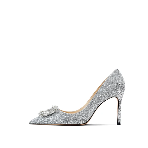 Sparkly Silver Glitter Rhinestone Sequins Wedding Shoes 2021 Leather 8 cm Stiletto Heels Pointed Toe Wedding Pumps High Heels