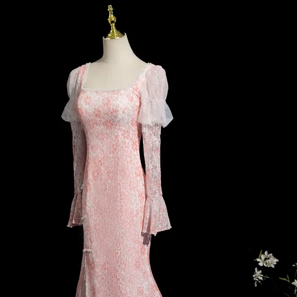 Chic / Beautiful Blushing Pink Beading Lace Flower Split Front Prom Dresses 2025 Trumpet / Mermaid Square Neckline Long Sleeve Backless Sweep Train Formal Dresses