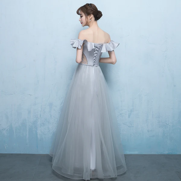 Elegant Grey Prom Dresses 2018 A-Line / Princess Off-The-Shoulder Short Sleeve Beading Sash Floor-Length / Long Ruffle Backless Formal Dresses