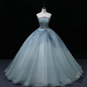 Chic Beautiful Sky Blue Pearl Sequins Prom Dresses 2022 Ball Gown Strapless Sleeveless Backless Floor Length Long Formal Dresses