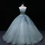 Chic / Beautiful Sky Blue Pearl Sequins Prom Dresses 2022 Ball Gown Strapless Sleeveless Backless Floor-Length / Long Formal Dresses