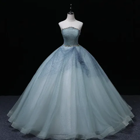 Hermoso Azul Cielo Perla Lentejuelas Vestidos de gala 2022 Ball Gown Sin Tirantes Sin Mangas Sin Espalda Largos Vestidos Formales
