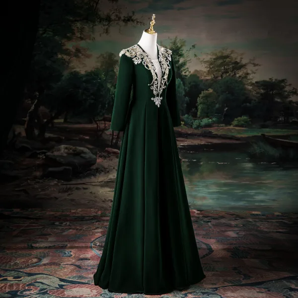 Vintage / Retro Dark Green Beading Sequins Velvet Prom Dresses 2025 A-Line / Princess V-Neck Long Sleeve Floor-Length / Long Prom Formal Dresses