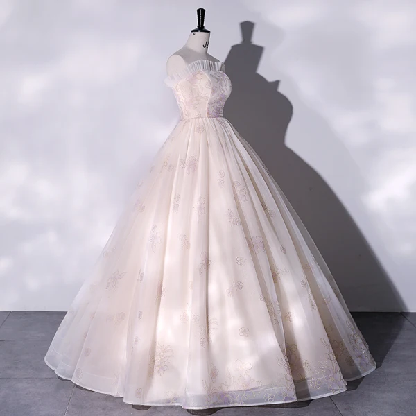 Chic / Beautiful Champagne Glitter Prom Dresses 2022 Ball Gown Strapless Sleeveless Backless Floor-Length / Long Formal Dresses