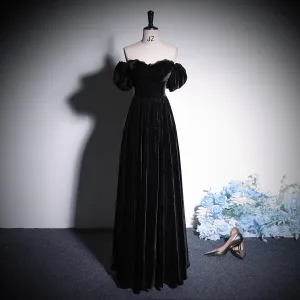 Chic Beautiful Black Velvet Evening Dresses 2023 A Line Princess Off The Shoulder Short Sleeve Backless Floor Length Long Evening Party Formal Dresses
