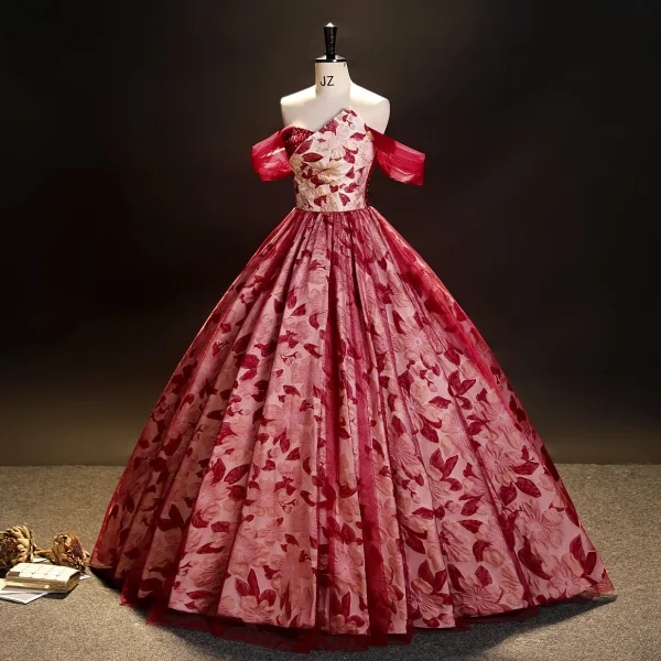 Chic / Beautiful Red Beading Pearl Sequins Printing Prom Dresses 2023 Ball Gown Off-The-Shoulder Sleeveless Backless Floor-Length / Long Prom Formal Dresses