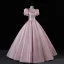 Lovely Blushing Pink Rhinestone Satin Prom Dresses 2023 Ball Gown Scoop Neck Puffy Short Sleeve Backless Floor-Length / Long Prom Formal Dresses