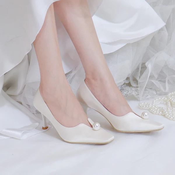 Élégant Ivoire Perle Chaussure De Mariée 2020 7 cm Talons Aiguilles Pied Carré Mariage Escarpins
