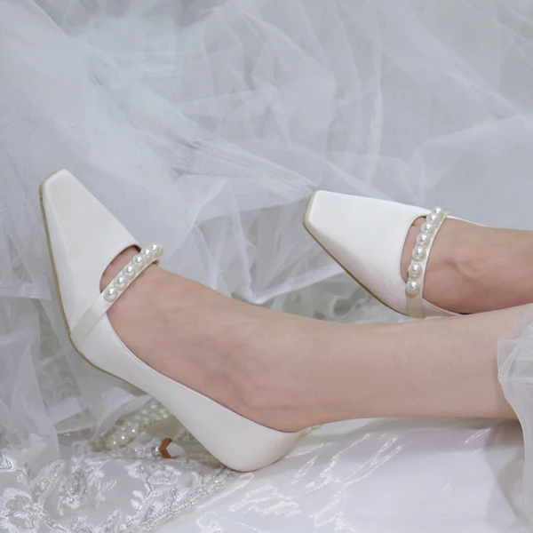 Chic / Beautiful Ivory Pearl Wedding Shoes 2020 7 cm Stiletto Heels Pointed Toe Wedding Pumps